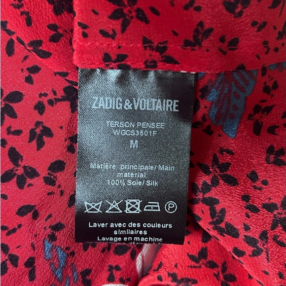 ZADIG & VOLTAIRE BLOUSE TERSON RED FLORAL PRINT SILK SIZE LARGE SHORT SLEEVE - Picture 8 of 11